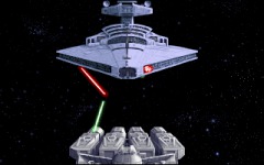 A Star Destroyer and Leia's Blockade Runner trade laser shots