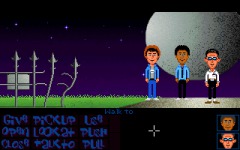<i>Maniac Mansion Deluxe</i>: Dave, Michael, and Bernard in the Mansion driveway