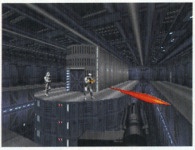 Scan of an early screenshot. The rifle barrel is straighter than in the final game, and the laser bolt is textured (a feature dropped from the actual <i>DF</i> release).