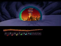 This scene from <i>Forge</i>, which shows a volcano erupting near the former site of the Blacksmiths' fortress, can be seen in one of the Glassmakers' Spheres in <i>Loom</i>.