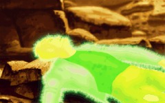 Brink's body is bathed in a green glow