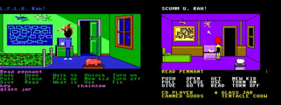 In the NES version of the game, the pennant (the sprite of which was removed, but the hotspot oddly remains) reads "SCUMM U. RAH!", SCUMM U. being the training program for rookie SCUMM developers.