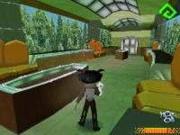 A pre-alpha DS screenshot, showing Chrys walking through some sort of office reception room.