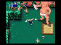 Zeke attempts to subdue the giant baby with a bazooka.