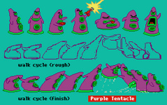Animation stills of Purple Tentacle, plus a rough set of frames for his walking animation.
