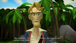 Guybrush's trademark fear of porcelain (introduced in CMI) is in full force.