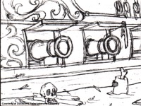 Pencil sketch of the exterior of a gunport on LeChuck's ship.