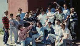 The LucasArts team pose for Ron Gilbert Day, all wearing his style of clothing (a striped top).