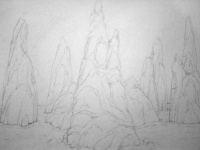 "Unused sketch of the five spires of Cocytus from the Dig." - Bill Tiller 