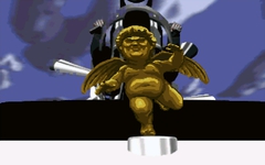 The hood ornament of the limo is the game's creator, Tim Schafer, in cherub form