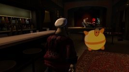 Pom Pom walking away from the table in disgust, wearing the TF2 dealer's visor that was a pre-order bonus