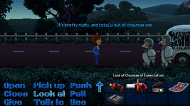 Maniac Mansion contained a chainsaw that was useless because it had no gas. Zak McKracken had chainsaw gas, but no chainsaw. In Thimbleweed Park, the reunion finally happens.