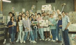 The LucasArts team pose for Ron Gilbert Day, all wearing his style of clothing (a striped top).